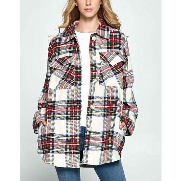 Ellison Jackets & Blazers - ELLISON Oversized Plaid Shacket Button Up Long Sleeve Red Multi Womens Size M
